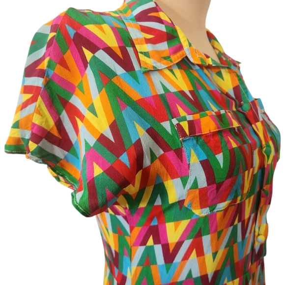Italian Silk Geometric Pattern Shirt Dress - Size M - Picture 6 of 13